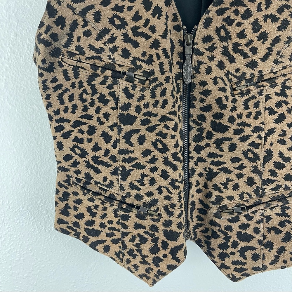 Vintage 90s Tan Black Suede Leather Cheetah Print V Neck Zip Up Biker Vest Top - Picture 5 of 10